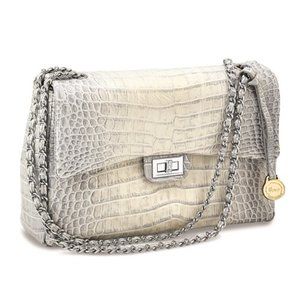 Silver-Grey Top Grain Leather Croc silver-gray Chain Strap shoulder handbag purs